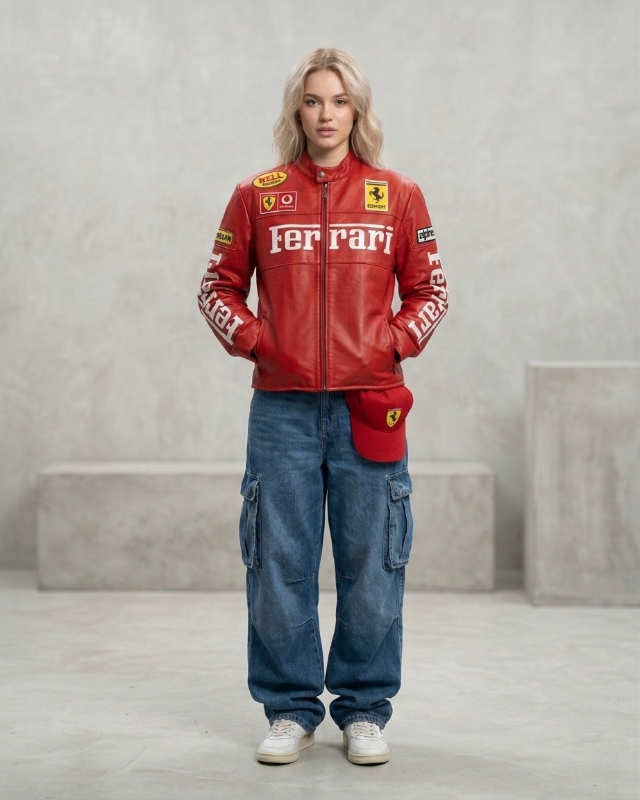 Red Ferrari F1 Leather Jacket – Vintage Unisex Racing Outerwear