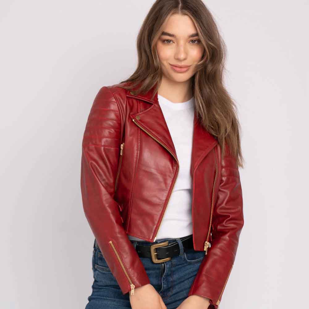 Red Leather Jacket Women in Biker Style