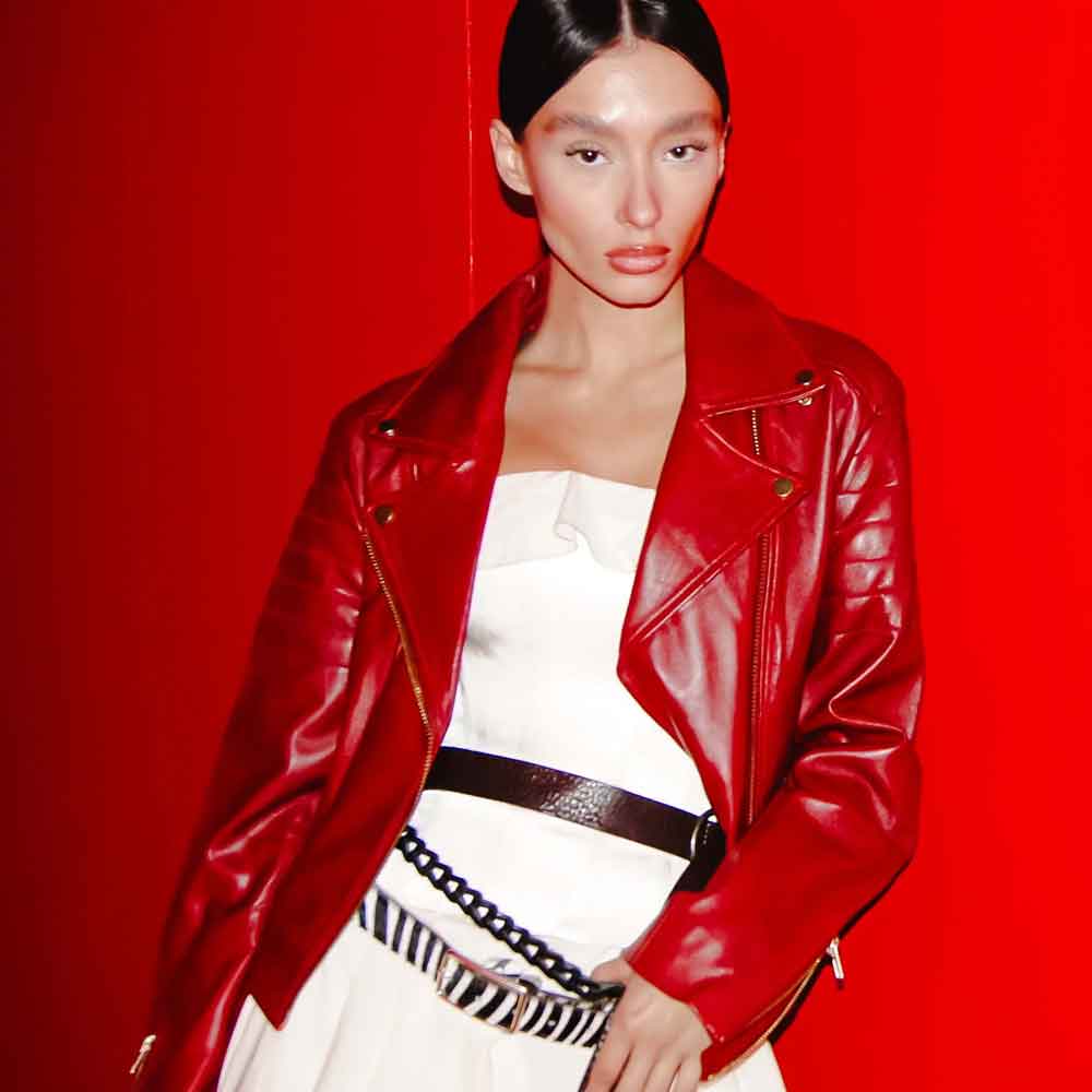 Red Leather Jacket Women in Biker Style