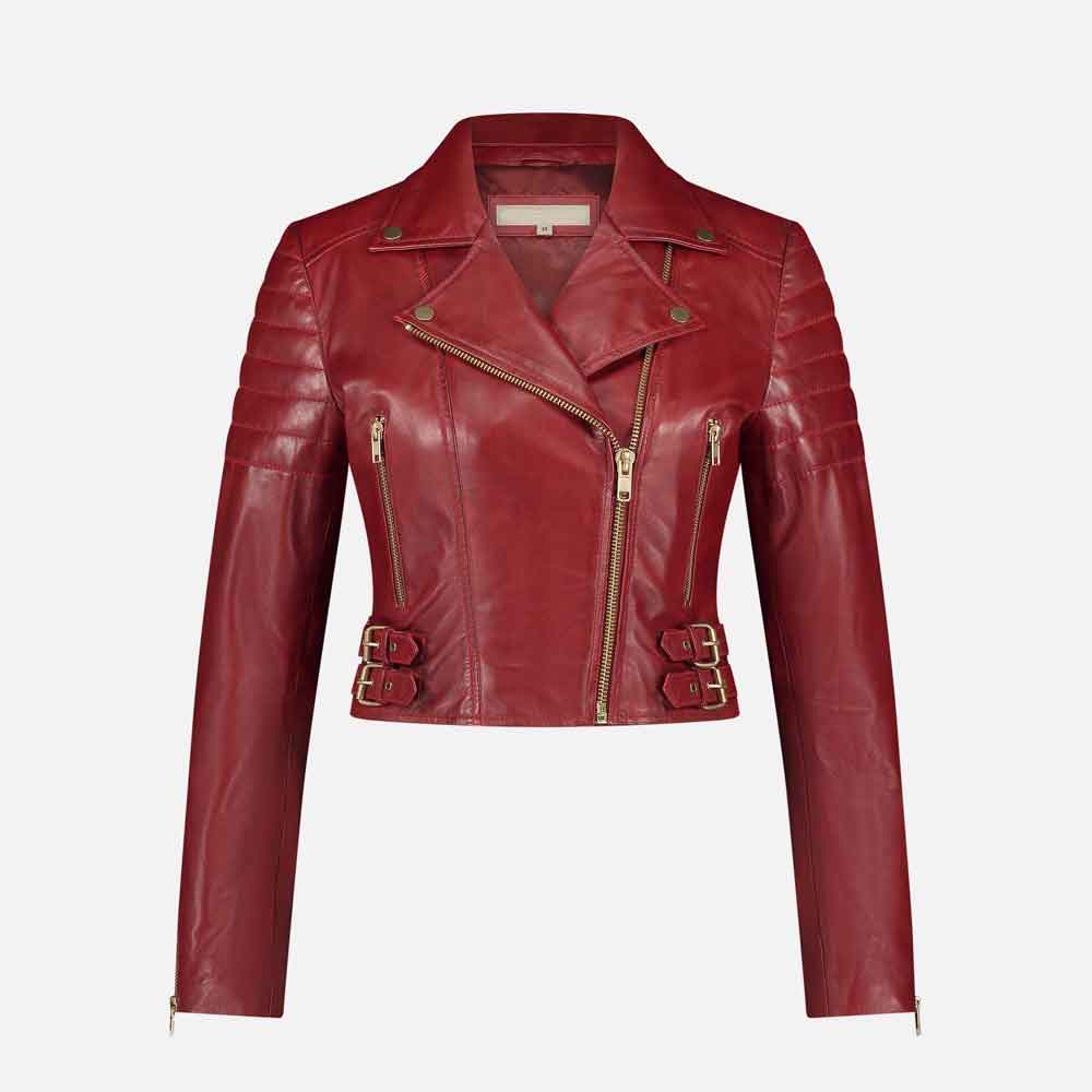 Red Leather Jacket Women in Biker Style