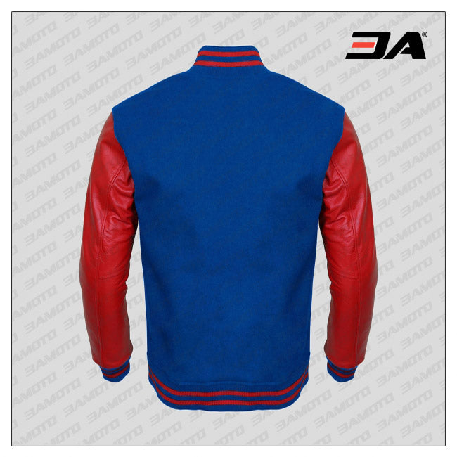 Red Faux Leather Sleeves Blue Wool Varsity Jacket