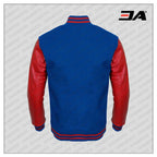 Red Faux Leather Sleeves Blue Wool Varsity Jacket