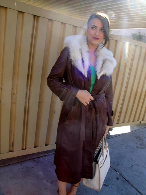 Red Leather Trench Coat with White Fur Collar  Avanzar Leather