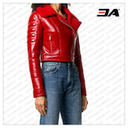Red Shearling Fur Leather Padded Biker Jacket
