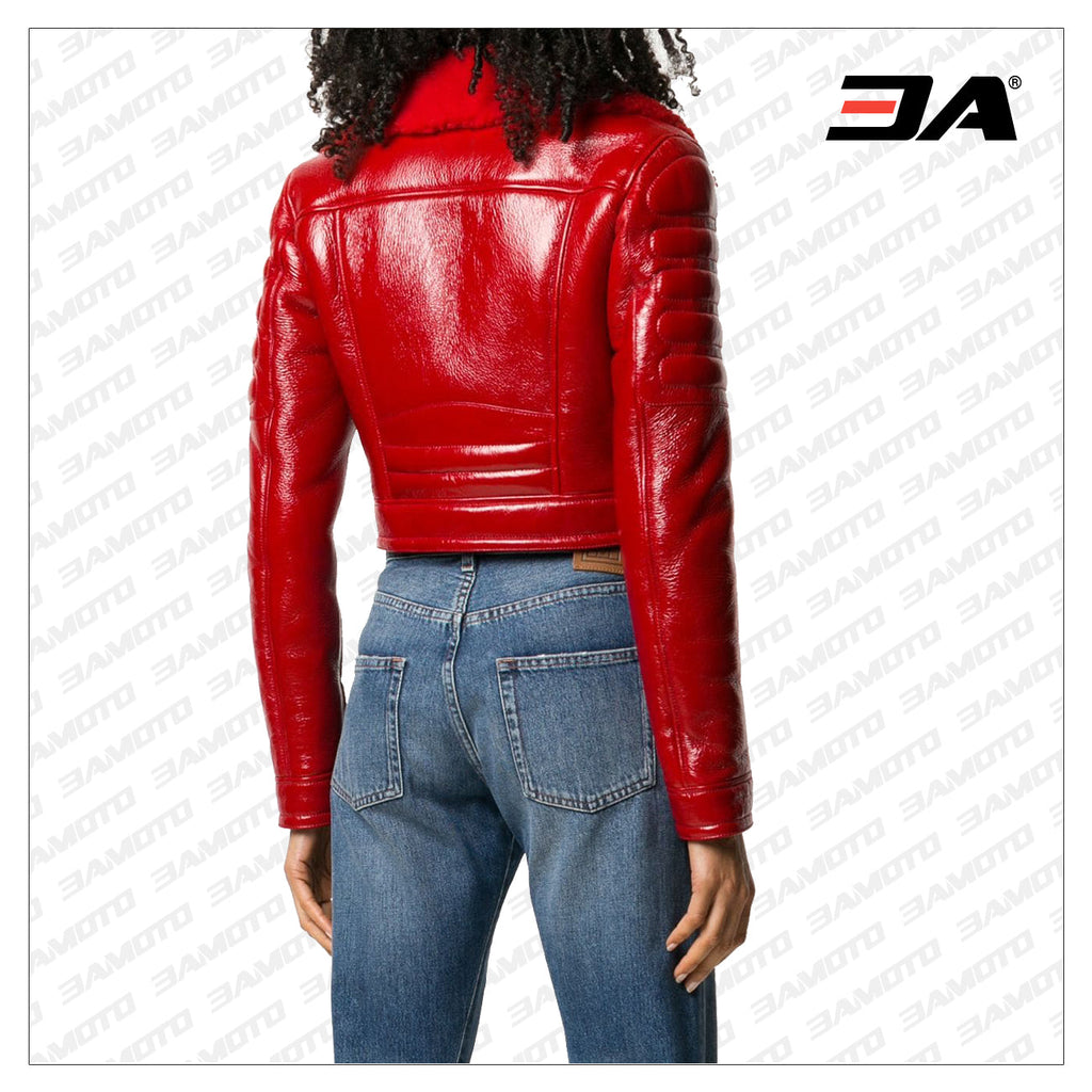 Red Shearling Fur Leather Padded Biker Jacket