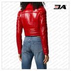 Red Shearling Fur Leather Padded Biker Jacket