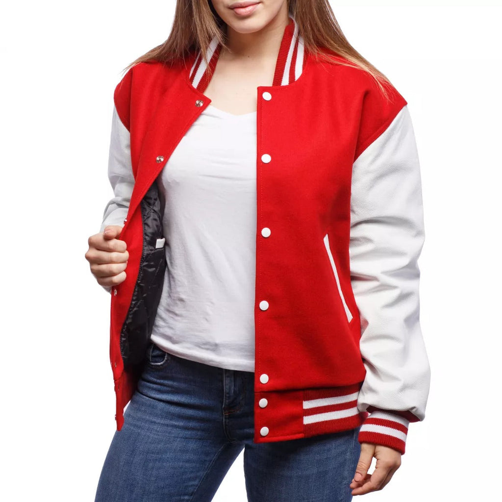 Womens Scarlet Wool Body & Bright White Leather Sleeves Letterman Jacket