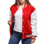 Womens Scarlet Wool Body & Bright White Leather Sleeves Letterman Jacket