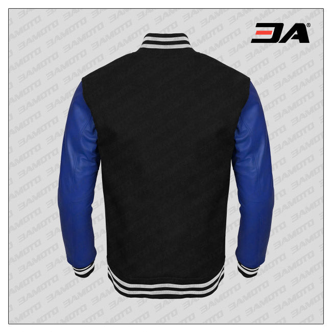 Blue Faux Leather Sleeves Black Wool Varsity Jacket