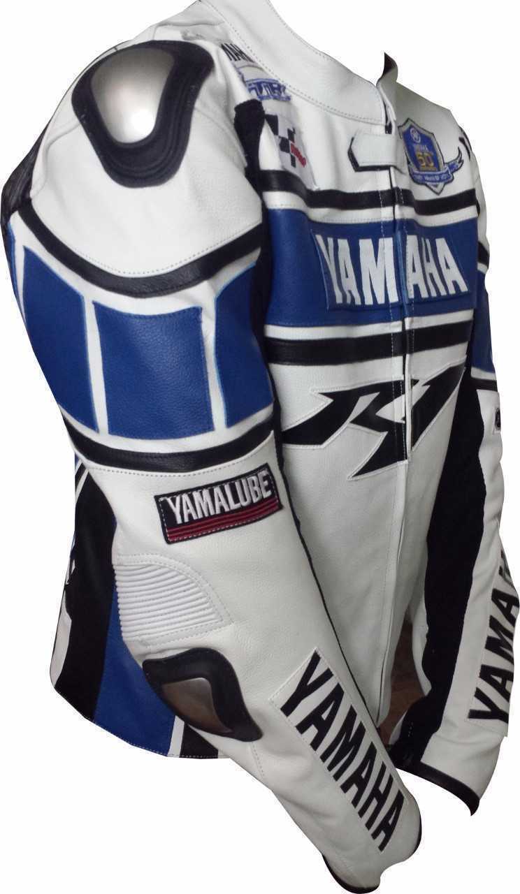 R1 WHITE/BLUE MOTORCYCLE LEATHER RACING JACKET