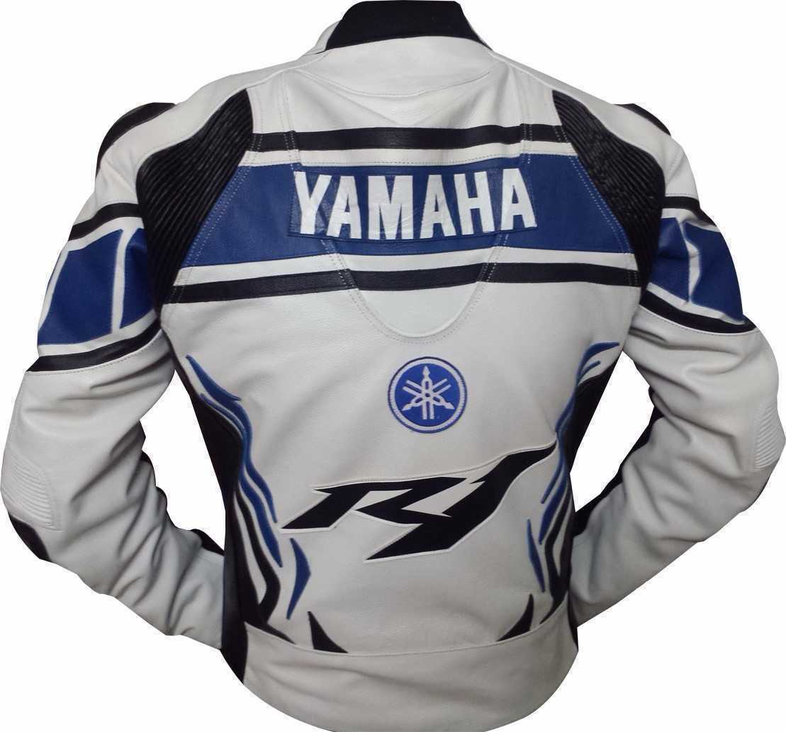 R1 WHITE/BLUE MOTORCYCLE LEATHER RACING JACKET