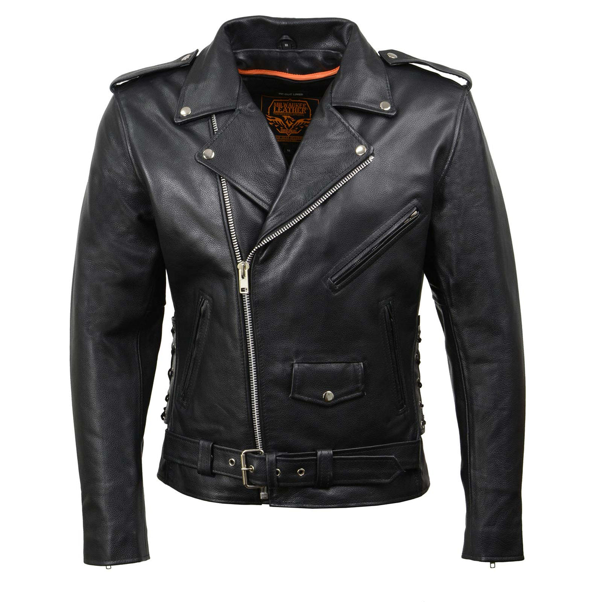 Milwaukee Leather SH1011 Men's Classic Brando Premium Leather Black Motorcycle Riders Leather Jacket w/ Side Laces