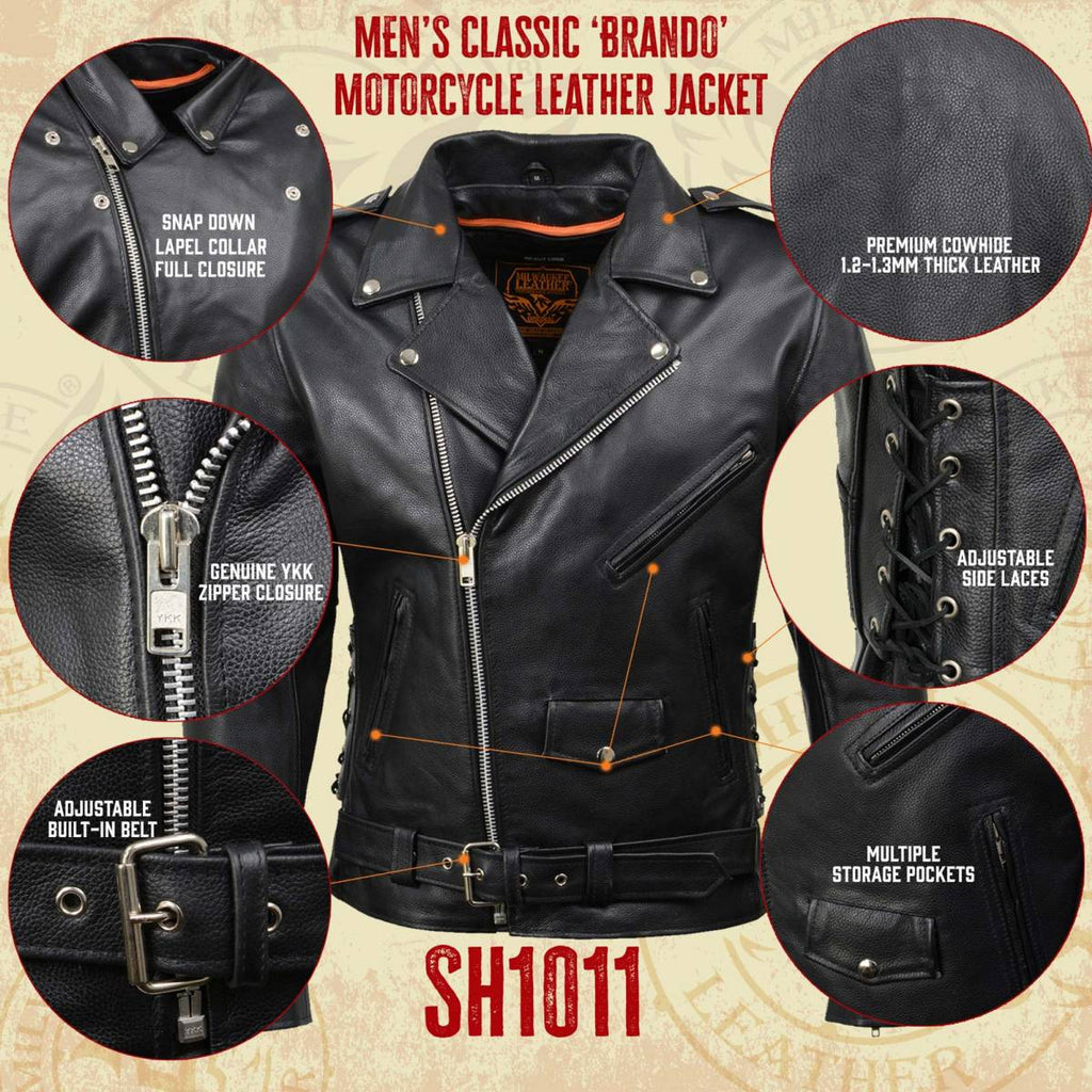 Milwaukee Leather SH1011 Men's Classic Brando Premium Leather Black Motorcycle Riders Leather Jacket w/ Side Laces