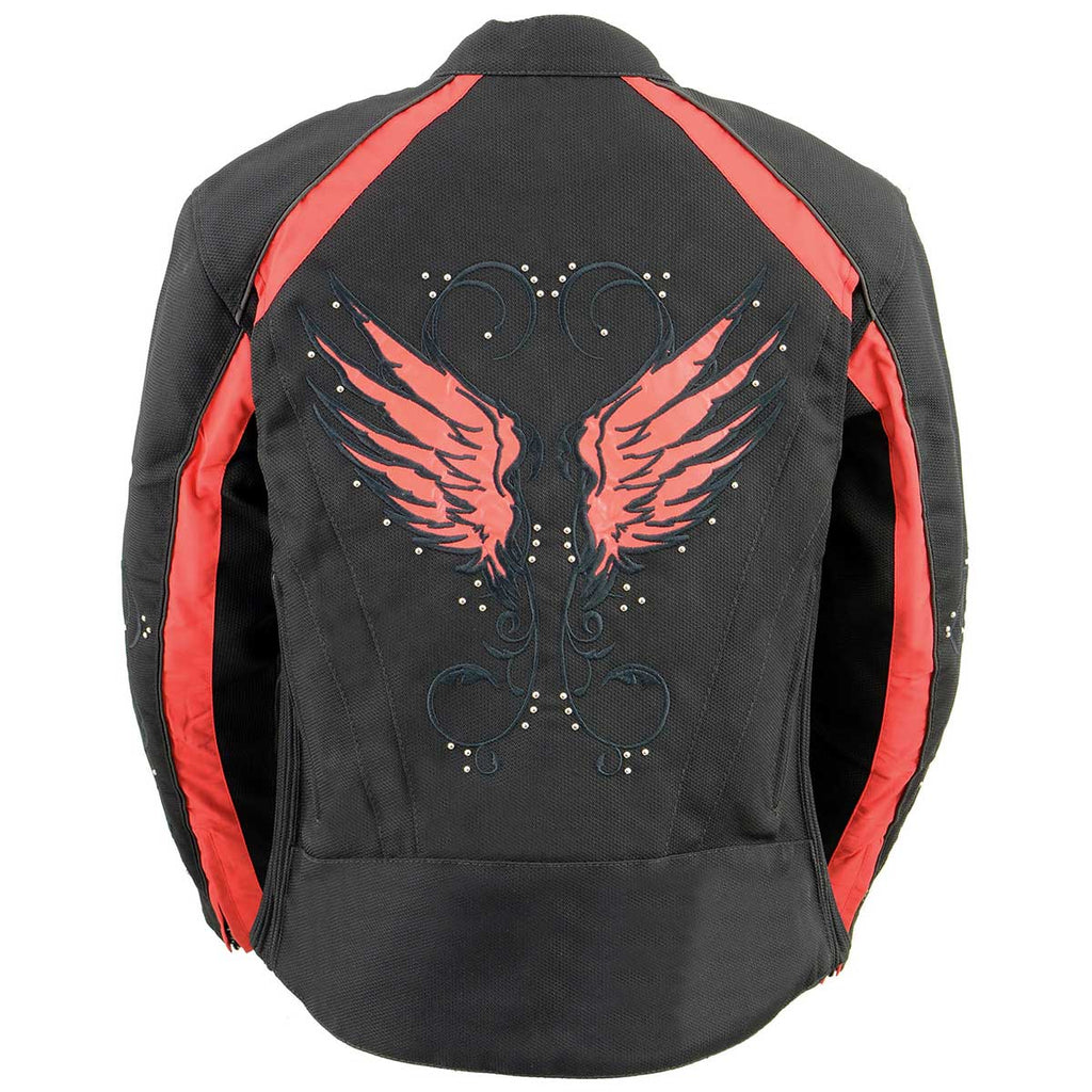 Milwaukee Leather SH1954 Women's Black and Red Textile Jacket with Stud and Wings Detailing