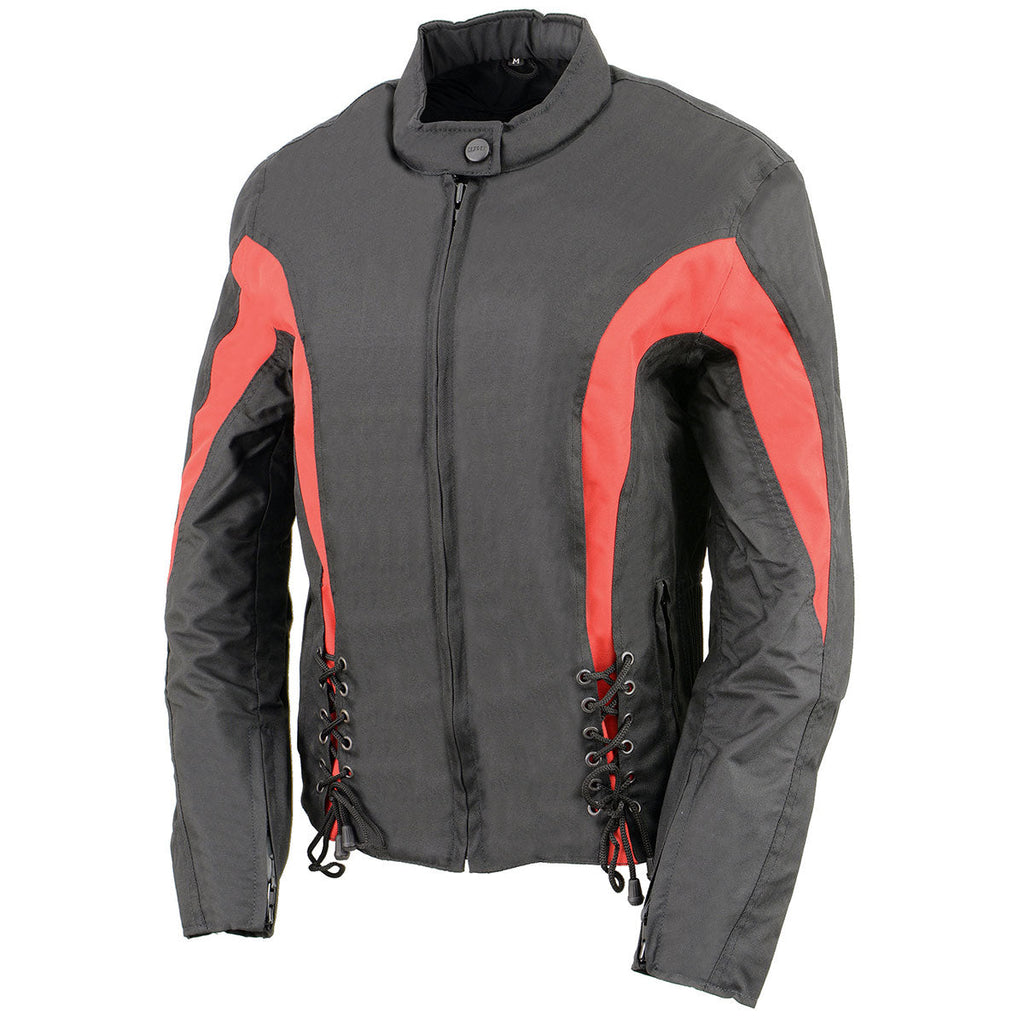 Nexgen SH2188 Women's Black and Red Textile Motorcycle Riding Jacket with Side Stretch and Lacing