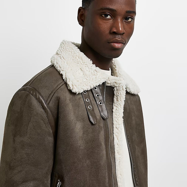 Mens Green Suede Shearling Aviator Jacket