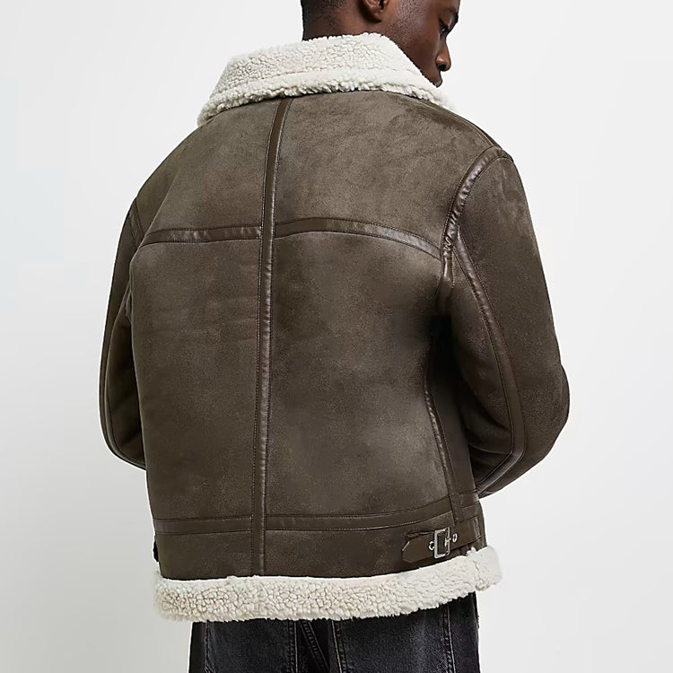 Mens Green Suede Shearling Aviator Jacket