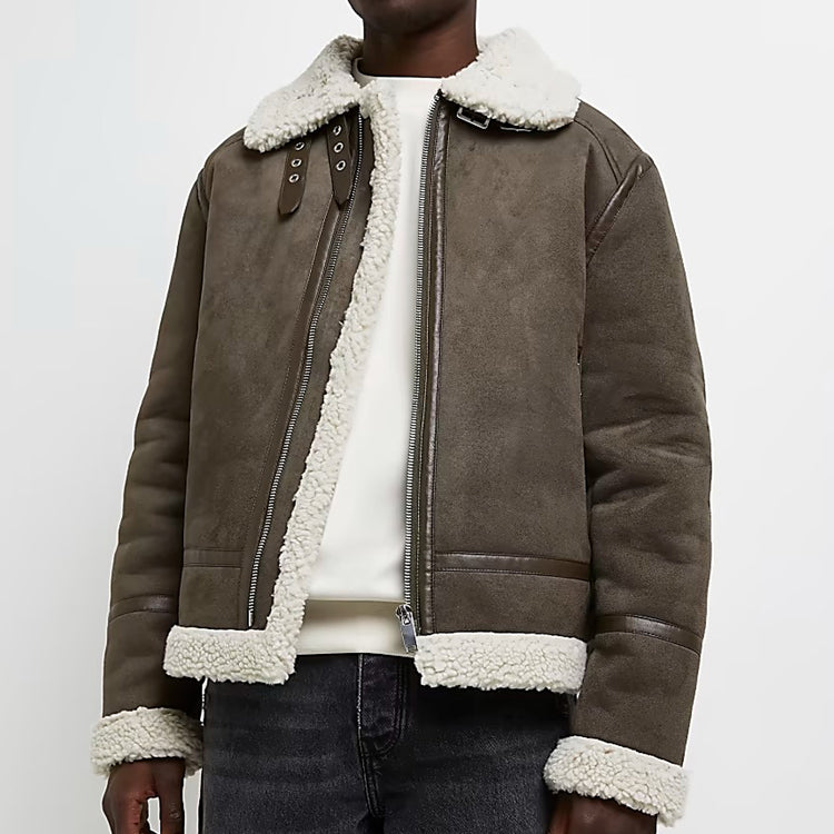 Mens Green Suede Shearling Aviator Jacket