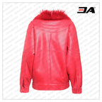 Shearling Fur Collar Biker Leather Red Jacket