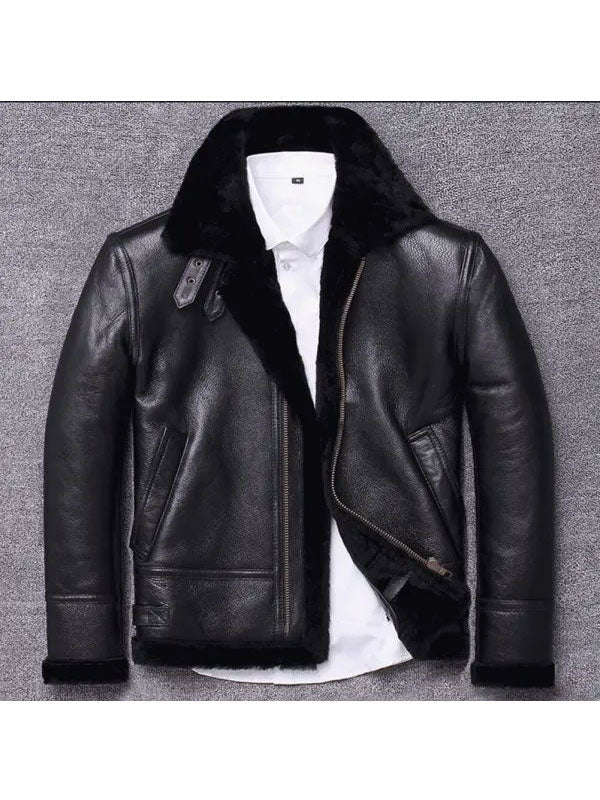 Men's Sheepskin Winter Black Fur Coat Jacket