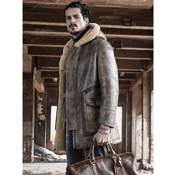 Sheepskin Coat Long Leather Jacket Hooded Fur Coat Mens Winter Coat
