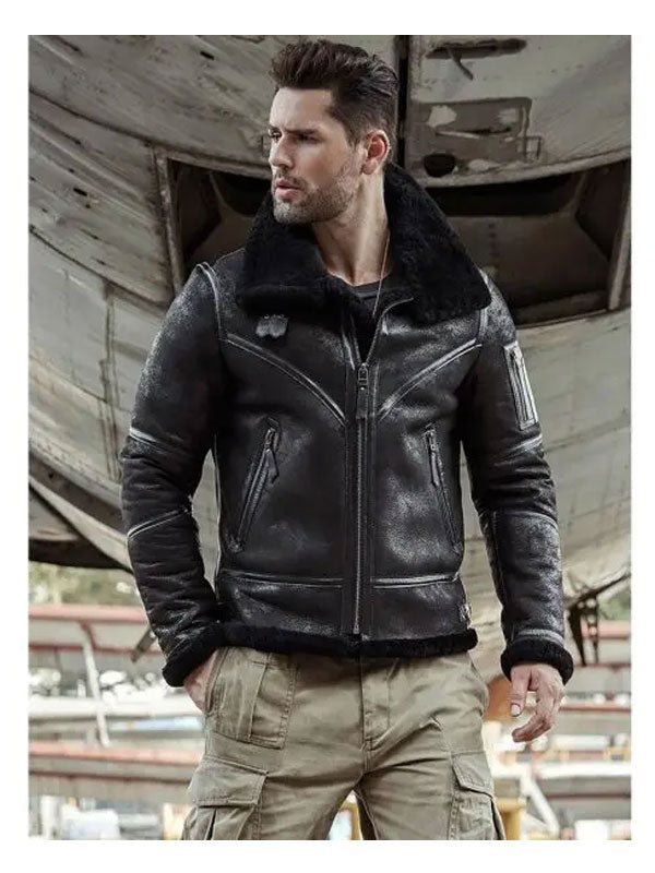 Mens Sheepskin Motorcycle Shearling Leather Bomber Jacket