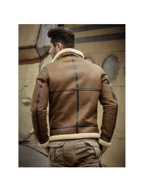 Mens B3 RAF Aviator Brown Double Collar Flight Shearling Leather Jacket Coat