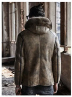 Mens Hooded Shearling Collar Leather Bomber Jacket