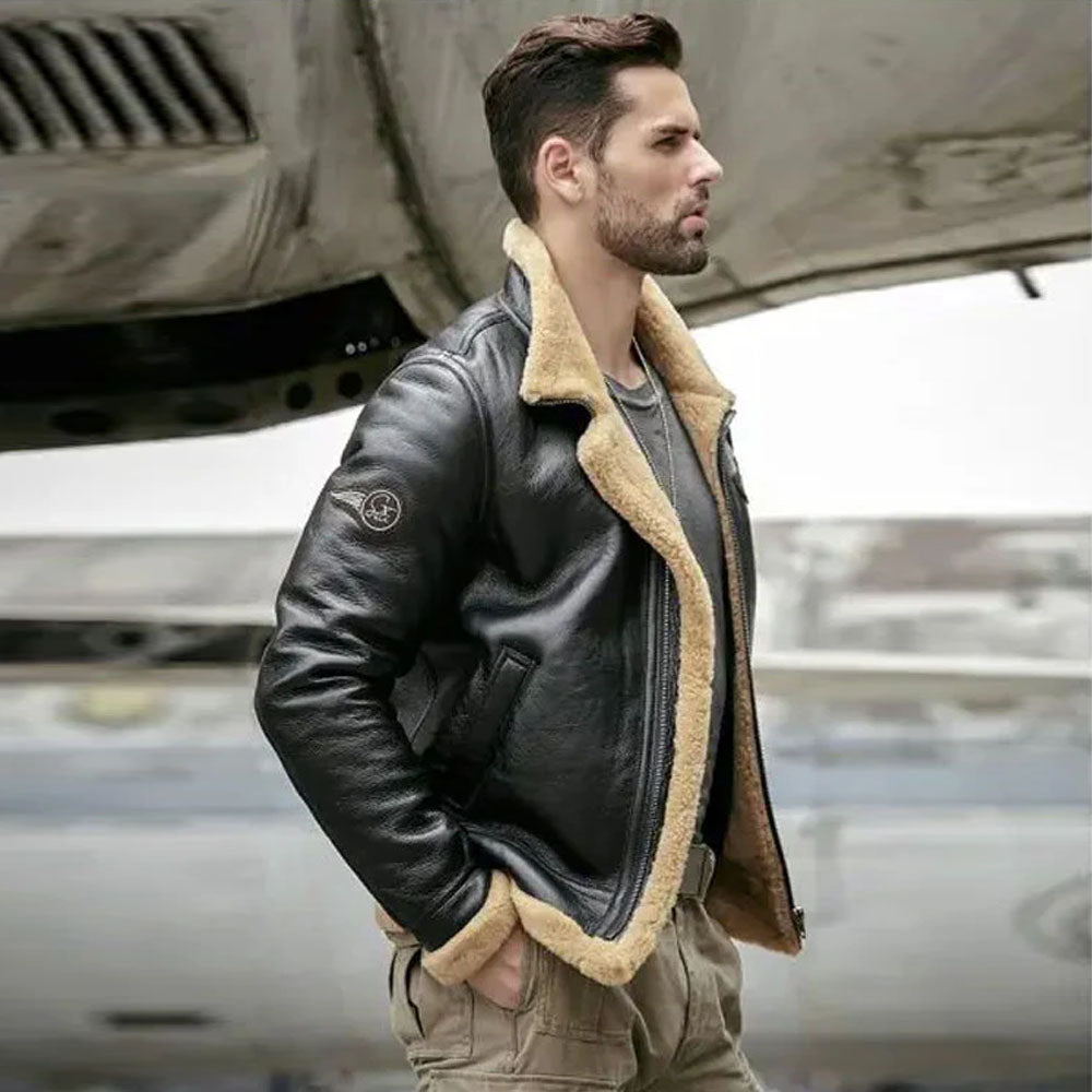 Mens Sheepskin Motorcycle Shearling Leather Bomber Jacket