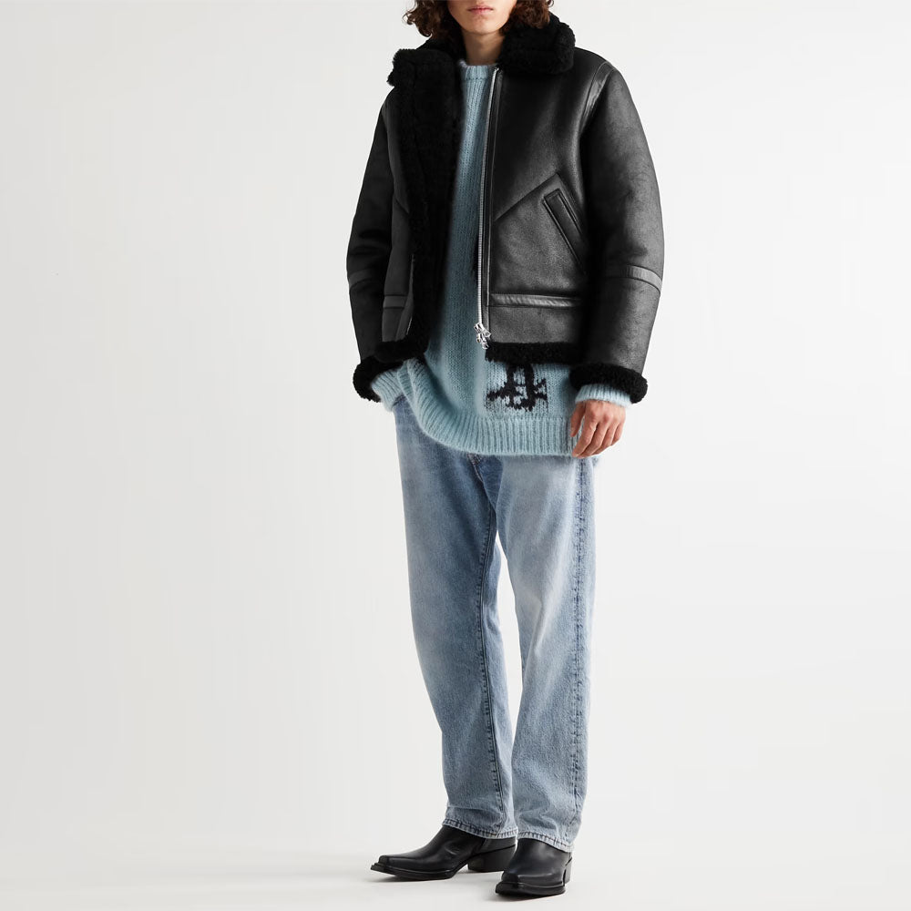 New Men Black B3 Sheepskin Flying Shearling Leather Jacket