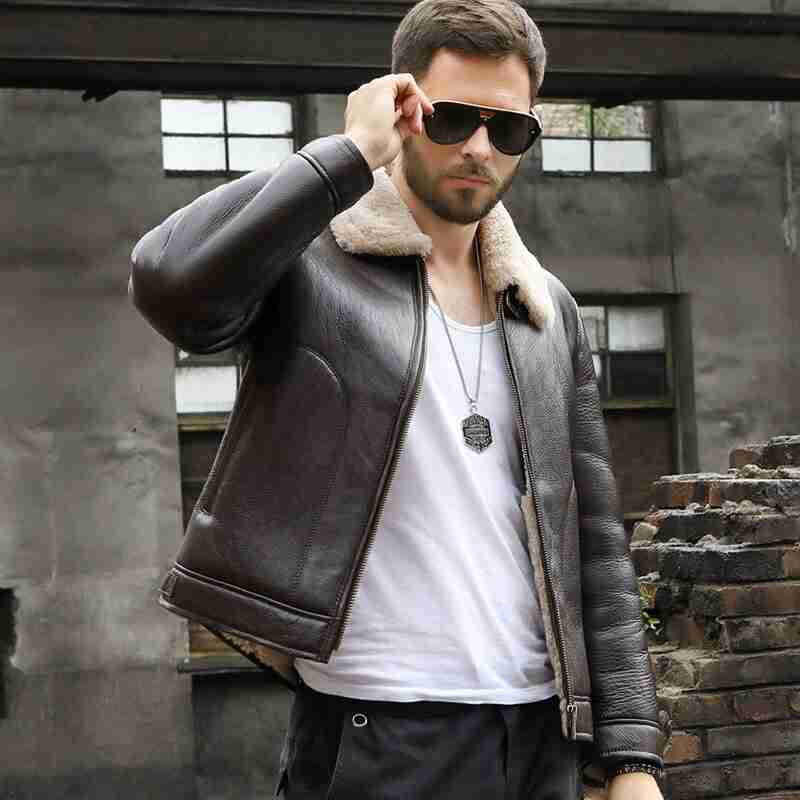 Men RAF B3 Bomber Shearling Sheepskin Retro Brown Leather Aviator Jacket