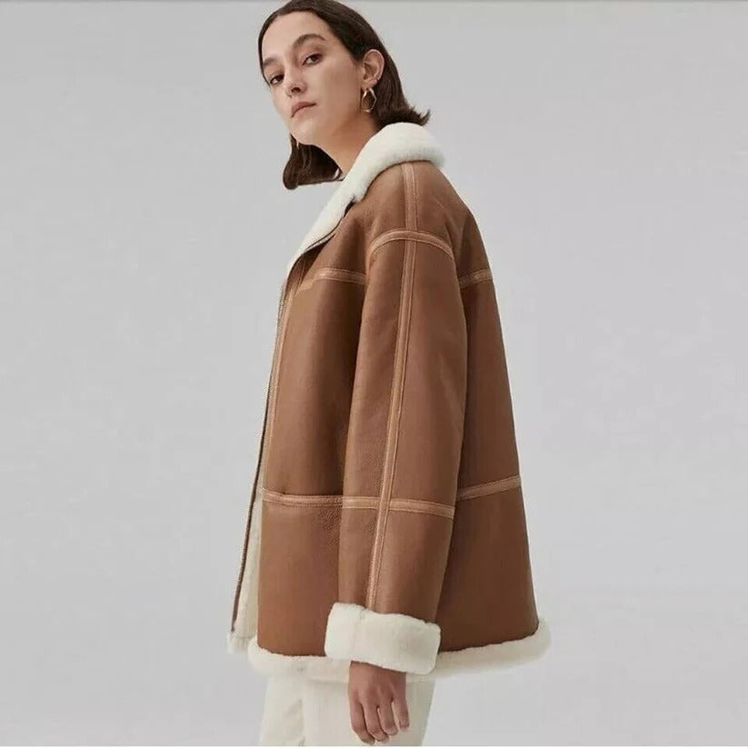 Women's Genuine Sheepskin Aviator Shearling Jacket Brown Leather Bomber
