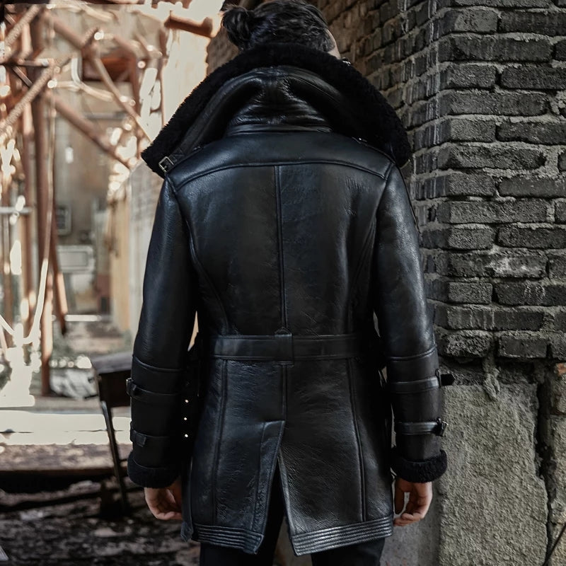 Men's Black B7 Bomber Sheepskin Leather Coat with Oversized Collar