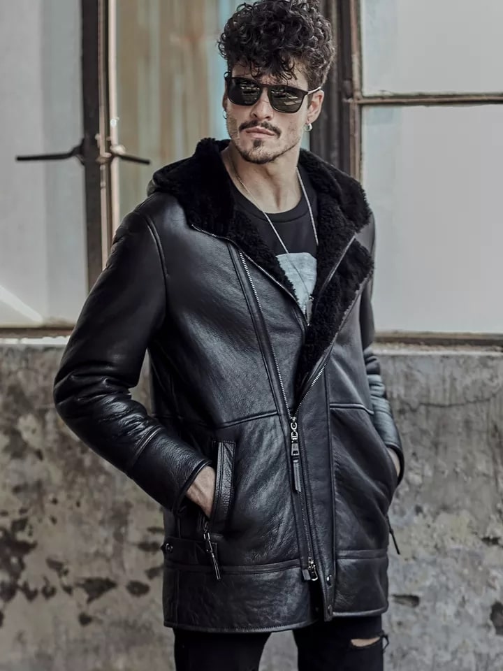 Men's Black Fur Shearling Leather Coat with Hood - Luxurious & Warm