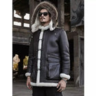 Men's Dark Brown Double-Sided Shearling Fur Leather Coat with Removable Hood