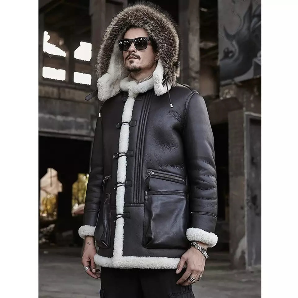 Men's Dark Brown Double-Sided Shearling Fur Leather Coat with Removable Hood