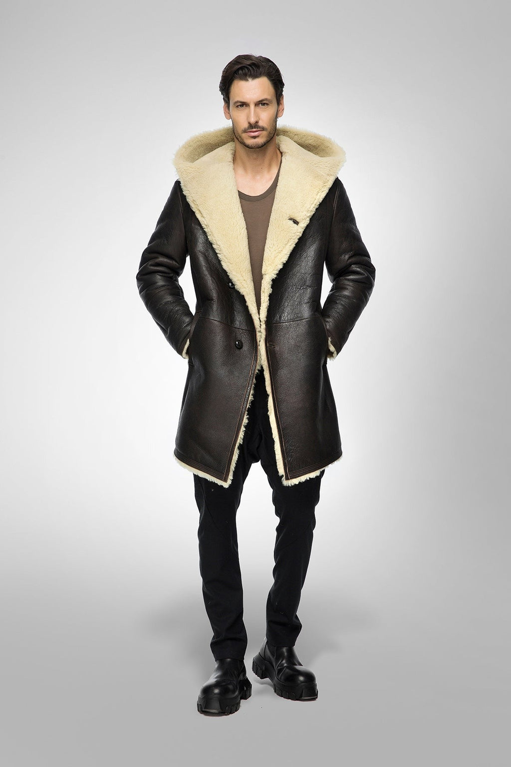 Men's Black Hooded Sheepskin Shearling Leather Coat - Luxurious & Warm