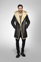 Men's Black Hooded Sheepskin Shearling Leather Coat - Luxurious & Warm