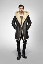 Men's Black Hooded Sheepskin Shearling Leather Coat - Luxurious & Warm