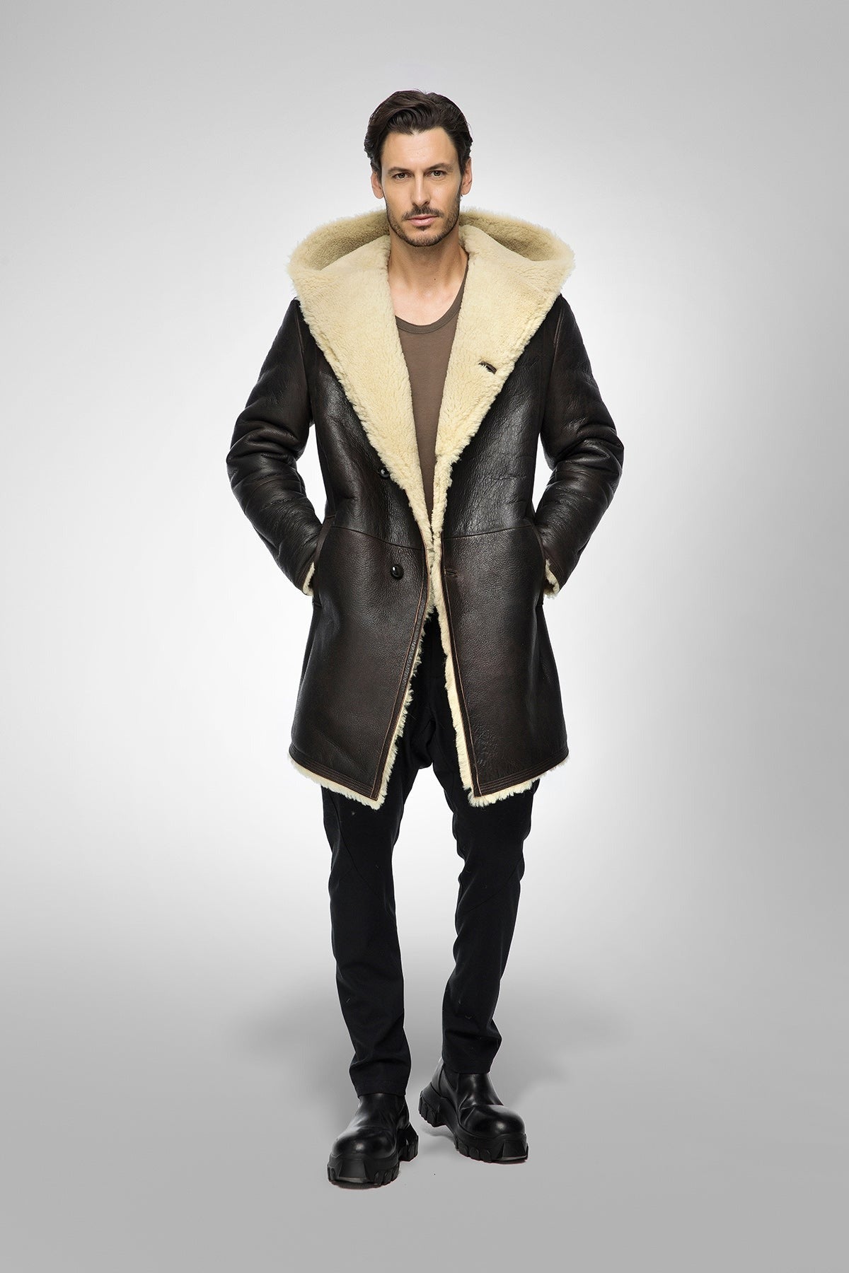 Men's Black Hooded Sheepskin Shearling Leather Coat - Luxurious & Warm