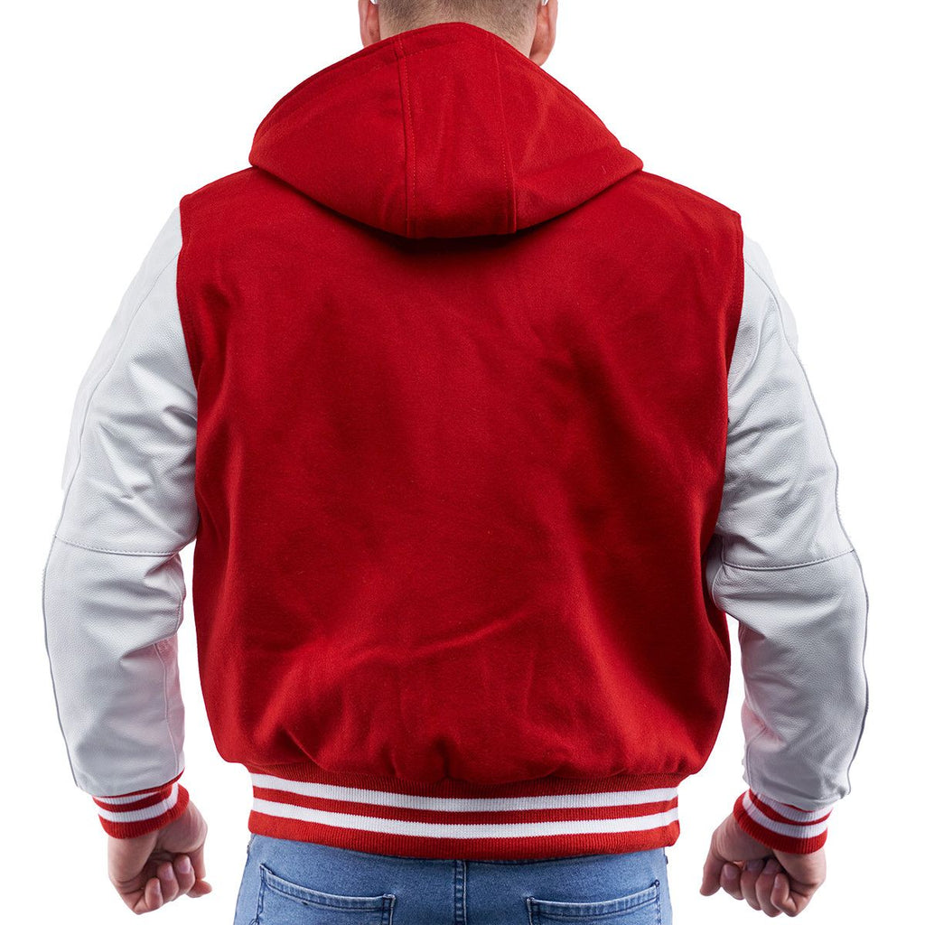 Men's Letterman Varsity Leather Jacket in Red with Hood