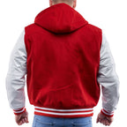 Men's Letterman Varsity Leather Jacket in Red with Hood