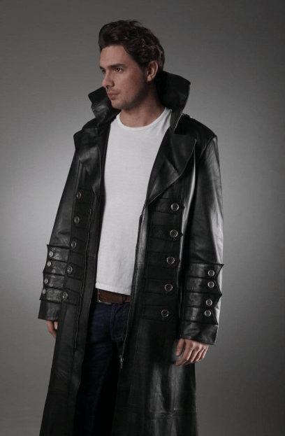Men's Black Long Leather Coat - Elegant & Timeless