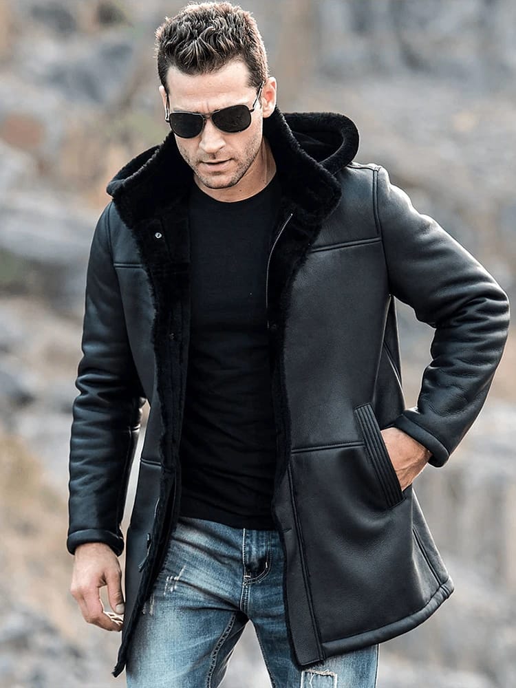 Men's Sheepskin Fur Leather Coat with Hood in Black