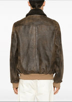 Men's Vintage Shearling Bomber Leather Jacket in Dark Brown Timeless Warmth and Style