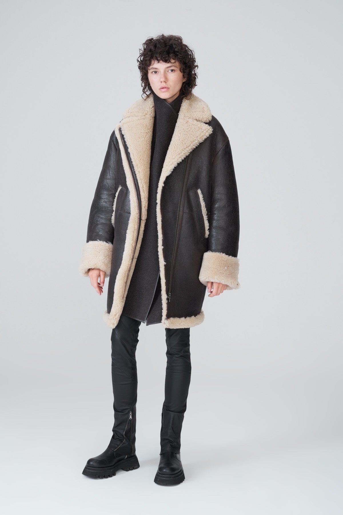 Women's Black B7 Shearling Leather Coat