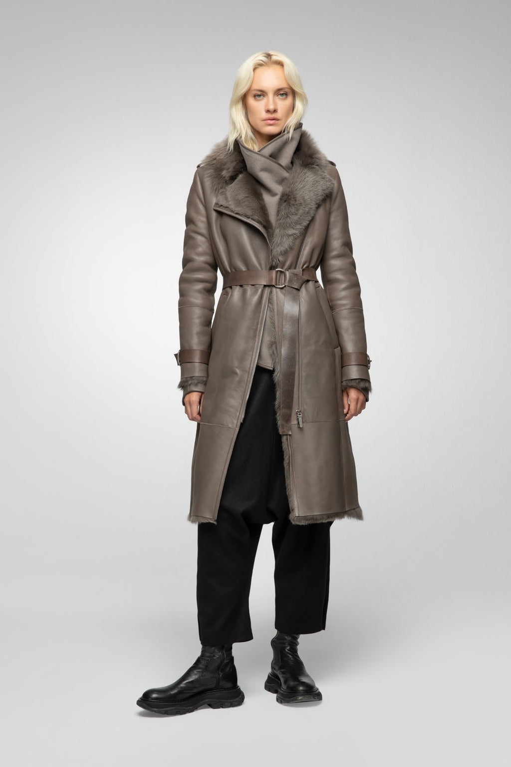 Women's Brown Belted Fur Shearling Leather Coat