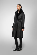Women's Black Belted Shearling Bomber Leather Coat