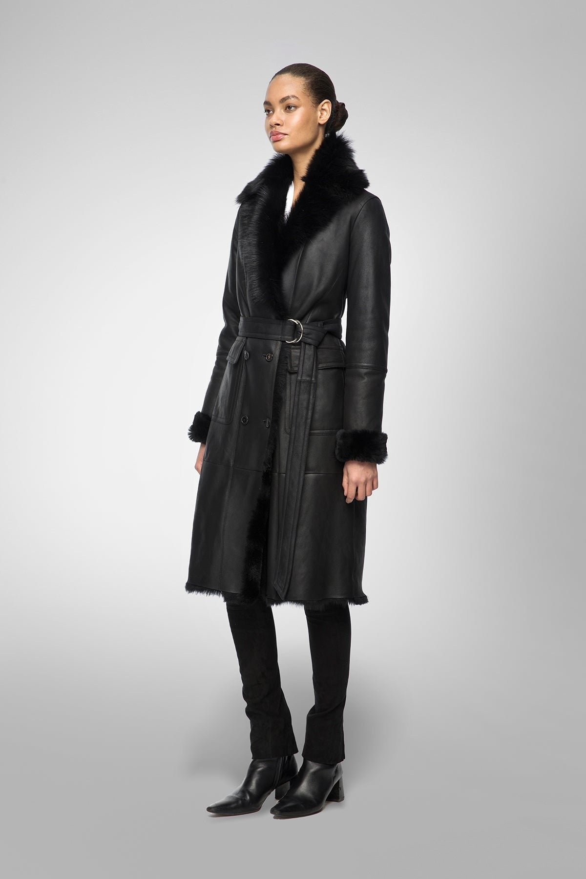 Women's Black Belted Shearling Bomber Leather Coat
