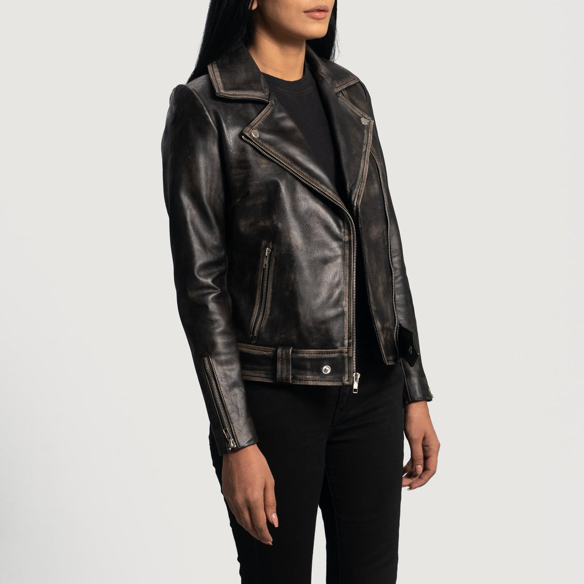 Women's Black Distressed Biker Leather Jacket